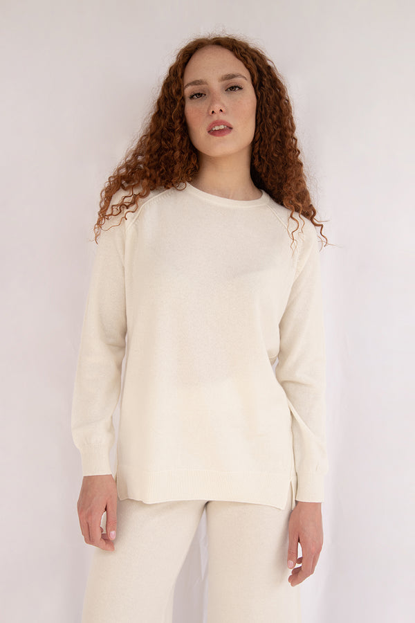 “Set Ludovica” Maglione e Pantalone ampio color panna 100% Cashmere